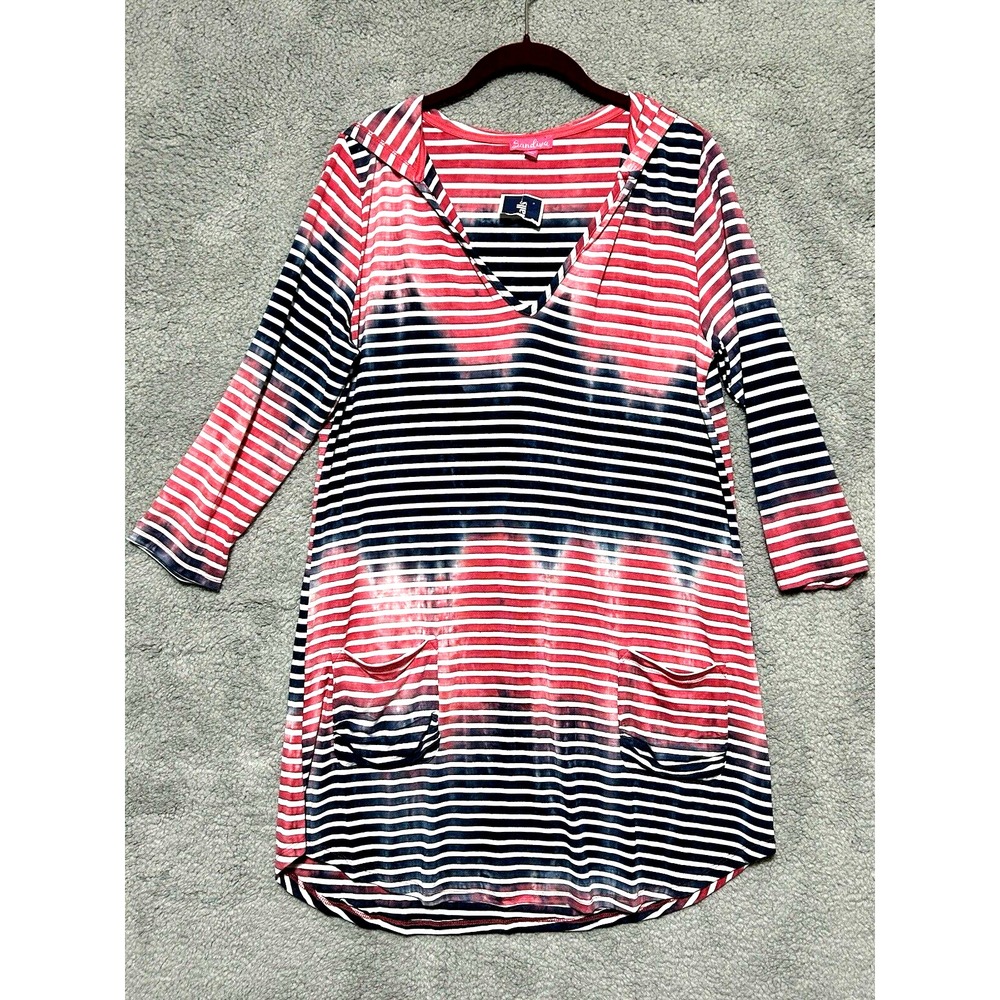 Sandiva Womens Red White Blue Striped Tie Dye Hooded Tunic Top Medium Pockets